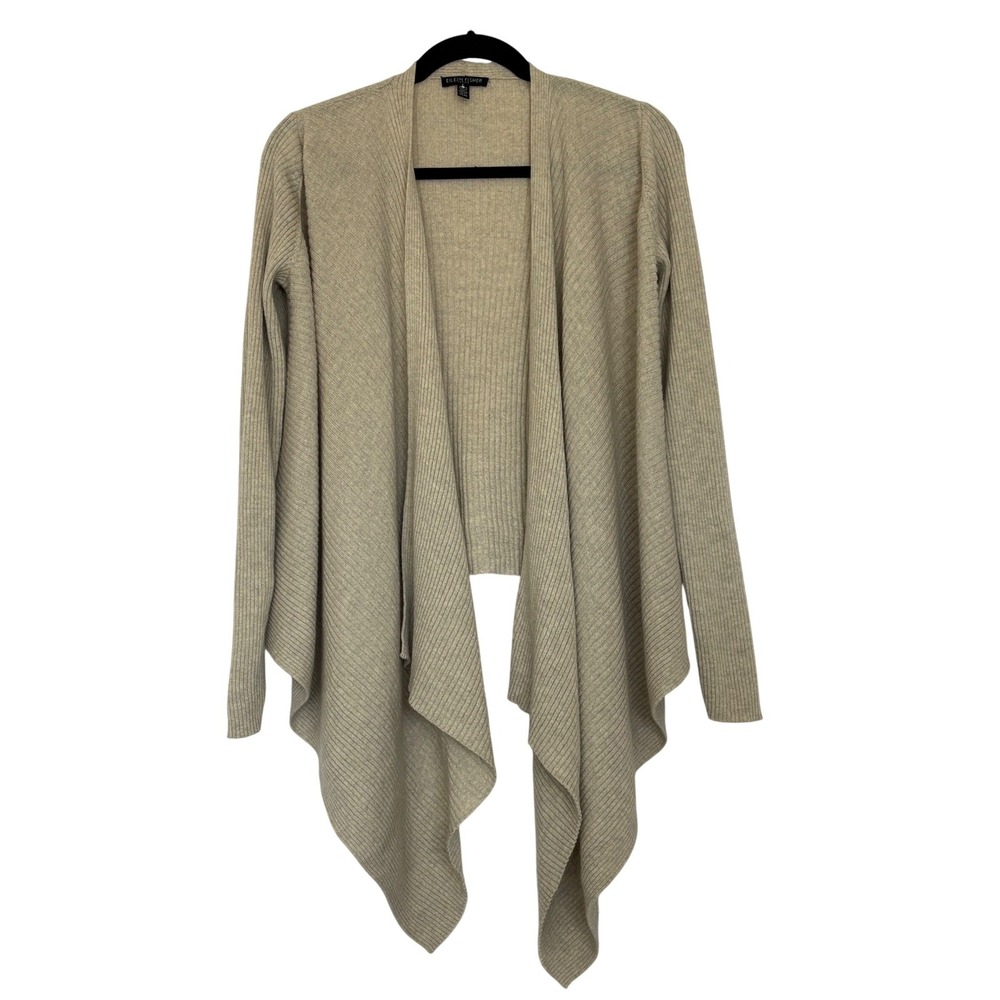 Eileen Fisher Cardigan Small Oatmeal Wool‎ Ribbed Open Front Draped Langenlook